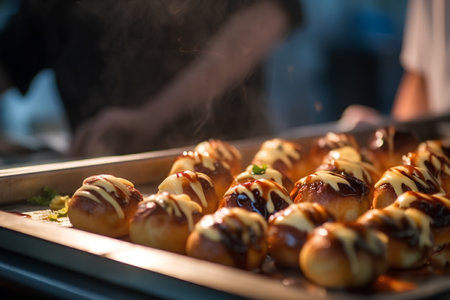 baked buns with chocolate on a baking sheet in a bakeryの素材