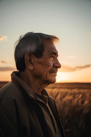 Portrait of an old man in a wheat field at sunset.の素材