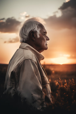 Portrait of senior man in the field at sunset. Retirement concept.の素材