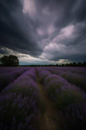 Beautiful purple lavender field with dark clouds in the background.の素材