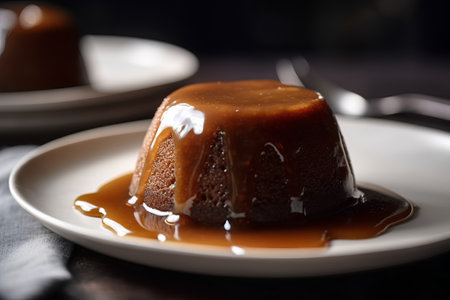Caramel pudding with caramel sauce on a white plate, selective focusの素材