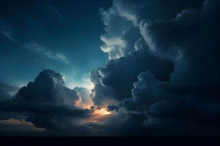 Dark stormy sky with glowing sun rays and clouds, 3d renderの素材