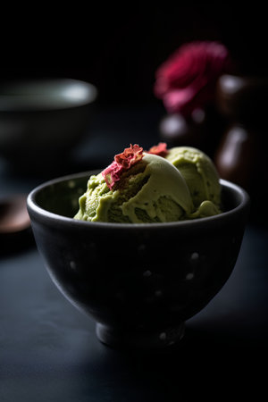 Green tea ice cream in bowl on black background, selective focus.の素材