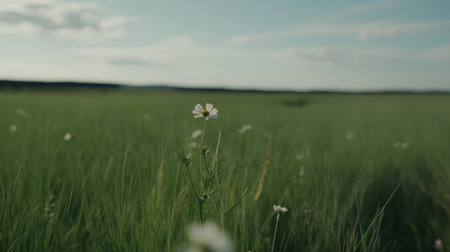 White flowers in a green meadow on a background of blue skyの素材