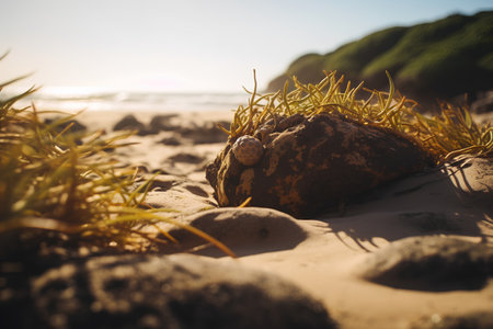 Boulders on the seashore at sunset. Selective focus.の素材