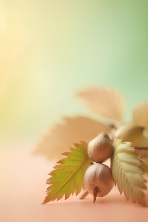 Autumn leaves and hazelnuts on pastel background with copy spaceの素材