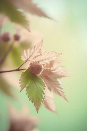 Leaves of a tree with buds on a blurred green background.の素材