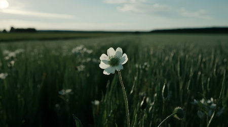 An image of a beautiful white flower in the field at sunset.の素材
