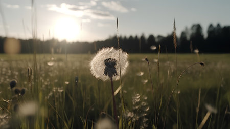 Dandelion in the meadow at sunset. Nature background.の素材