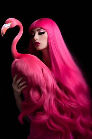 Beautiful woman with pink hair and flamingo on black background.の素材