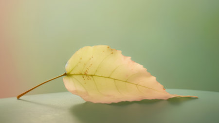 Autumnal yellow birch leaf on a green background with copy spaceの素材