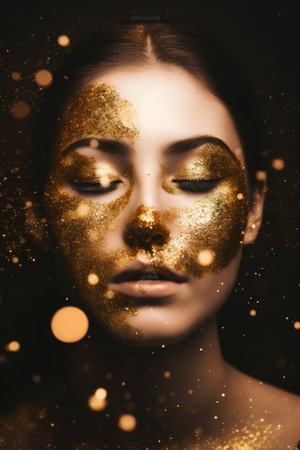 Portrait of a beautiful young woman with golden makeup and sparkles on her faceの素材