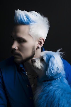 Fashionable young man with short blue hair and a dog on a black backgroundの素材