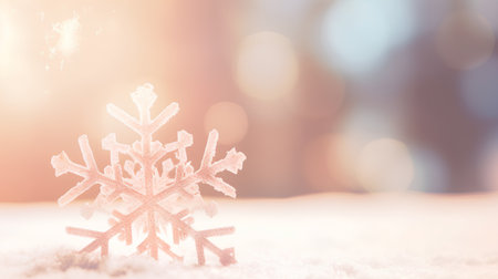 Snowflake on snow with bokeh background. Christmas card.の素材
