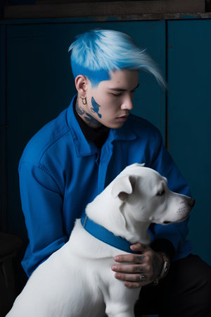 young man with blue hair and a white dog on a blue backgroundの素材