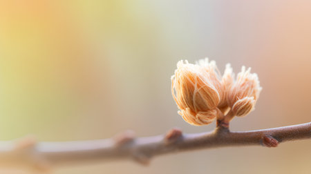 Blossoming tree branch with buds on blurred background. Spring conceptの素材