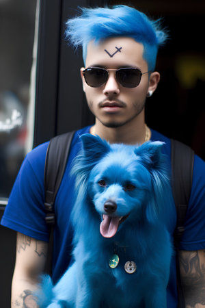 Portrait of a handsome young man with blue hair and sunglasses with his dogの素材