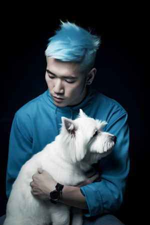 Portrait of a handsome young man with a dog on a black backgroundの素材
