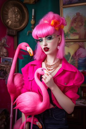 Flamingo girl in pink wig and sunglasses. Portrait of a beautiful woman with pink flamingo. Fashion shot.の素材