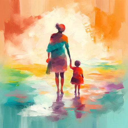 Mother and daughter walking on the beach at sunset. Vector illustration.の素材