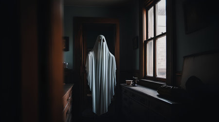 The interior of an old room with a window and a mirror.の素材