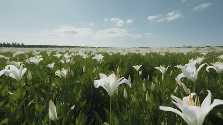 White lilies in a field with blue sky and white clouds.の素材