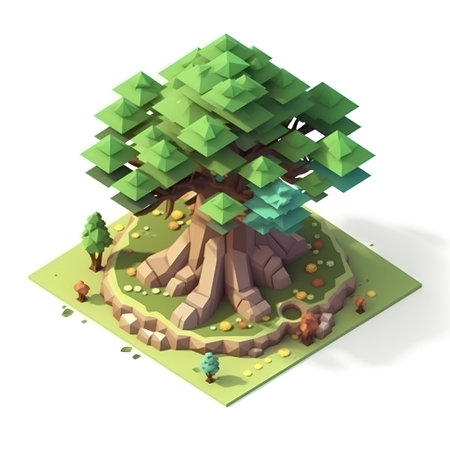 isometric tree and grass on a white background. 3d renderの素材