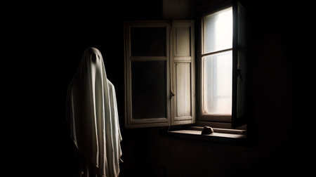 Mysterious ghost behind the window. Halloween concept. 3D Renderingの素材