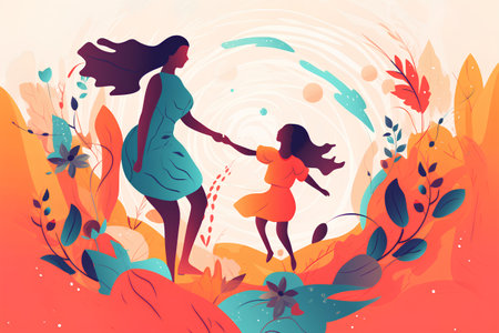 Vector illustration of mother and daughter walking in the autumn forest. Motherhood concept.の素材