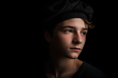 Portrait of a handsome young man in a cap on a black backgroundの素材