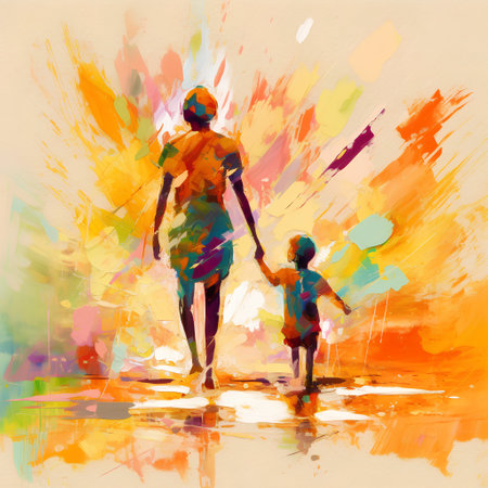 Mother and son walking in the water on a background of colorful spotsの素材