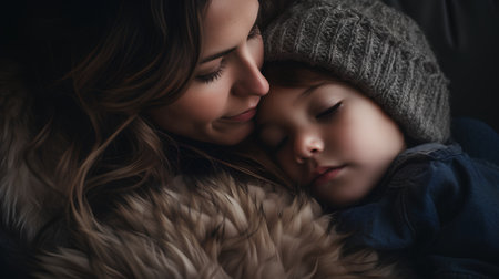 Mother and her little daughter in knitted hats lying on the sofaの素材
