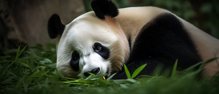 Giant panda eating bamboo leaves in the park, Chengdu, Chinaの素材