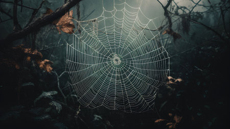 Mysterious spider web in foggy forest. Halloween background.の素材