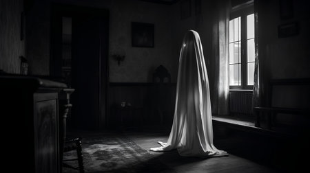 Silhouette of a bride in a white veil in her roomの素材