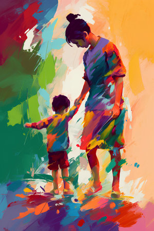 Mother and son playing with watercolor paint. Colorful vector illustration.の素材