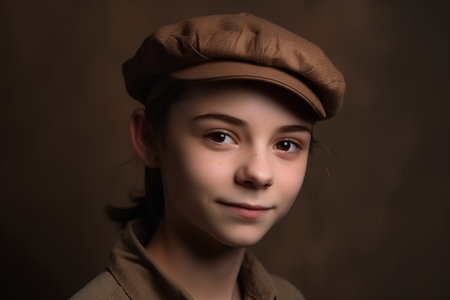 Portrait of a beautiful girl in a beret on a brown backgroundの素材