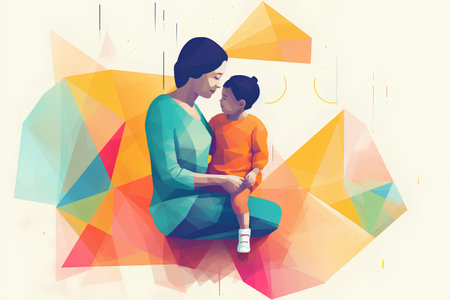 Mother and son sitting on colorful polygonal background. Vector illustrationの素材