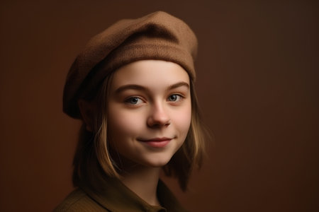 Portrait of a beautiful girl in a beret on a brown backgroundの素材