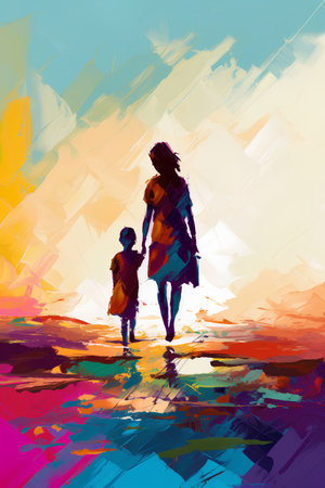 Mother and child walking on the beach at sunset. Vector illustration.の素材