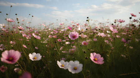 Cosmos flowers blooming in the meadow with blue sky backgroundの素材