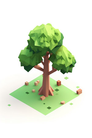 Green low poly tree isolated on white background. 3D rendering.の素材