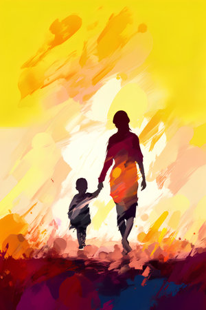 Mother and son running on a sunset background. Vector illustration for your designの素材