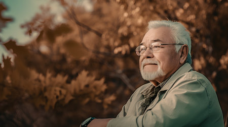 Portrait of a senior man with glasses in the autumn park.の素材