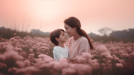 Mother and daughter standing in the flower field at sunset. Happy family concept.の素材
