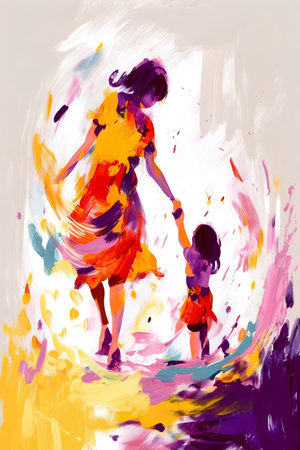 Mother and daughter playing with watercolor paint splashes, vector illustrationの素材