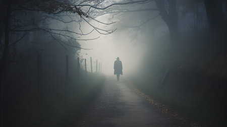 Mysterious man walking in foggy forest. Halloween concept.の素材