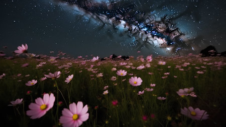 Cosmos flower field at night with starry sky and milky wayの素材