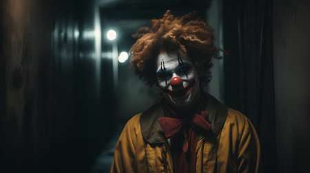 Portrait of a clown with a red nose in a dark roomの素材