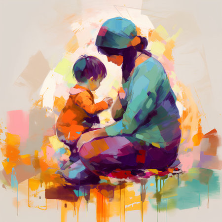Mother and son sitting on the ground in the park. Vector illustration.の素材